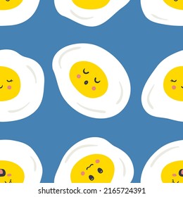 Fried eggs seamless pattern with cartoon funny faces. Cute characters print with happy emotions. Kids meal vector illustration for decor and design.


