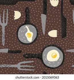 Fried eggs seamless pattern. Fried egg in pan with fork, knife and eggshell on dots background.    Decorative backdrop for fabric design, textile print, wrapping, cover. Vector illustration