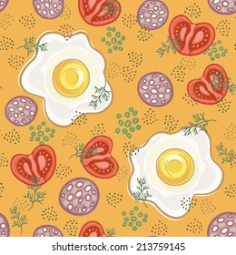 Fried eggs seamless pattern. Fast lunch with egg, tomatoes, sausage, dill and spices. Colorful vector illustration.
