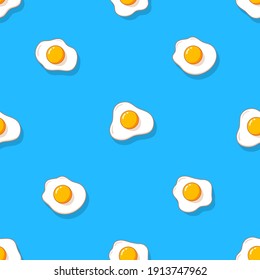 Fried eggs seamless pattern. Flat simple design for textile, wrapping paper, banner, backdrop. Vector illustration isolated on blue background