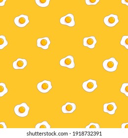 Fried eggs seamless pattern. Flat simple design for textile, wrapping paper, banner, backdrop. Vector illustration isolated on yellow background.