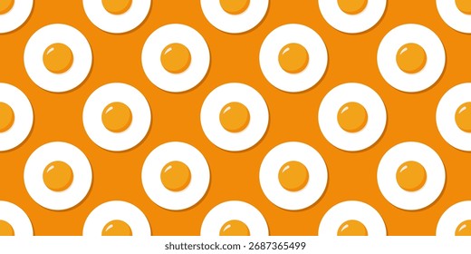 Fried eggs seamless pattern on orange background. Cartoon flat vector food print.
