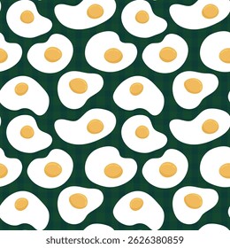 Fried eggs seamless pattern. Sunny side up eggs pattern on green plaid background. Healthy breakfast pattern for wrapping paper, fabric, cover design