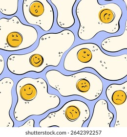 Fried eggs seamless pattern. Trendy print of Cartoon egg with yellow yolk, abstract breakfast food with smiles for wrapping paper, wallpaper, fabric. Vector texture.