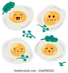Fried eggs set with cartoon funny faces. Cute characters collection with happy emotions. Kids logo meal vector isolated illustration for decor and design.


