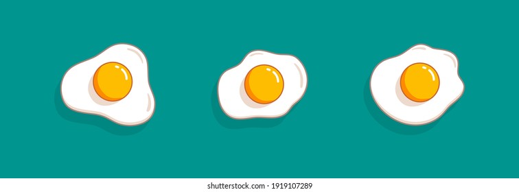 Fried eggs set. Helthy breakfast. Cartoon egg flat trendy design collection. Vector illustration isolated on green background.