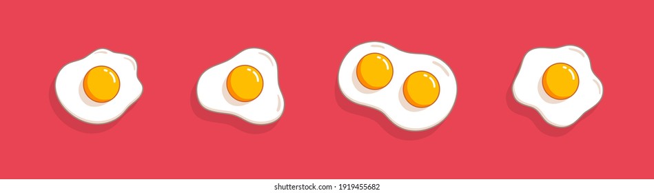Fried eggs set. Helthy breakfast. Cartoon egg flat trendy design collection. Vector illustration isolated on red background.