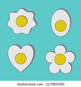 Fried eggs set. Isolated eggs on blue background. Healthy nutritious breakfast. Yolk and white. Cartoon flat design