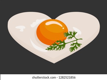 Fried eggs in the shape of a heart in a frying pan cooked for valentine day breakfast. Homemade food. Vector illustration on white background