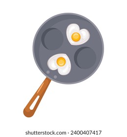 Fried eggs in the shape of a heart in a frying pan. View from above. The concept of a morning breakfast with scrambled eggs. Cooking. Egg omelet. Vector illustration in a flat style