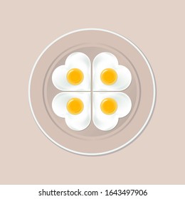 Fried eggs in the shape of a heart on a plate for Valentine's Day isolated on a light background. Food ads are used for menus, the Internet, advertising, and brochures. Vector illustration