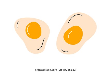 Huevos fritos en forma de caramelos de goma. Yema y proteína de alimentos, dulces de gelatina, vista superior. Confitería masticable para el desayuno. Bocadillo de chicle de azúcar suave. Ilustración vectorial plana aislada sobre fondo blanco