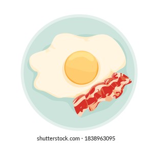 fried eggs with a slice of fried bacon on a plate. scrambled eggs with one yolk. fried bacon. vector icon isolate. scrambled eggs for restaurant and cafe menu. home kitchen