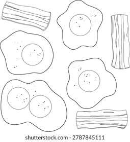Fried eggs and slices of crisp bacon. Eggs and sliced bacon for breakfast, on white background isolated. Vector black and white illustration. Coloring page