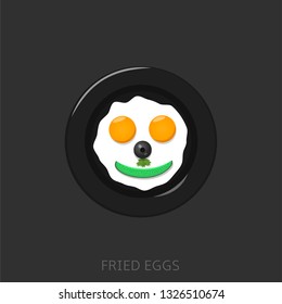 Fried eggs smile. Fried eggs with olives, cucumber and parsley Funny breakfast Top view