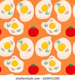 Fried eggs with spice and tomatoes flat vector seamless pattern. Food texture. Arugula. Tasty breakfast. Illustration in yellow, red and orange. Kitchen textile, wallpaper design, wrapping paper
