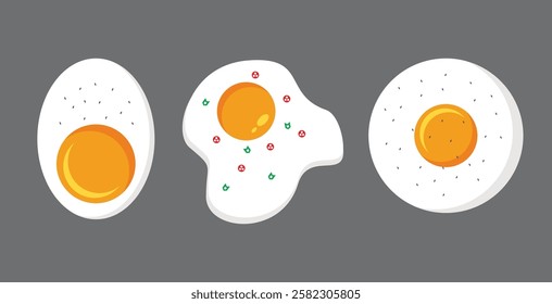 Fried eggs with a sprinkling of salt and other ingredients. Fried and half eggs flat vector ilustration