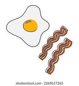 Fried eggs with strips of bacon in trendy color combination. Quick breakfast. Happy Egg Day. Isolate