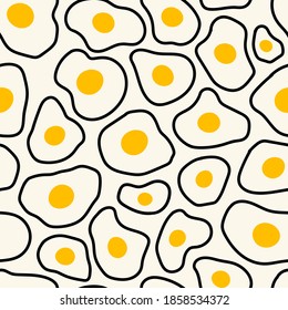 Fried Eggs. Sunny side up. Various shapes. Doodle cartoon style. Hand drawn Trendy Vector illustration. Square Seamless pattern. Background, Wallpaper, wrapping paper, poster template