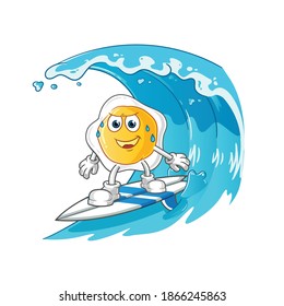 fried eggs surfing on the wave character. cartoon mascot vector