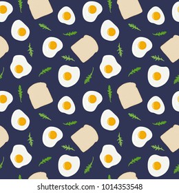 Fried eggs, toast bread and arugula (rucola, rocket salad) breakfast seamless pattern. Fresh toasted bread, fried eggs and greens. Yummy breakfast. Vector hand drawn illustration seamless pattern.