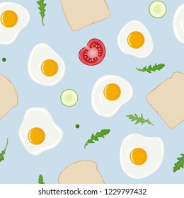 Fried eggs, toast bread, tomato, cucumber, arugula (rucola) and peas breakfast seamless pattern. Fresh toasted bread, fried eggs and vegetables. Yummy healthy breakfast. Vector hand drawn illustration