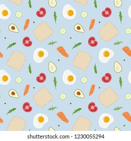 Fried eggs, toast bread, tomato, cucumber, arugula (rucola), peas, salmon, avocado breakfast seamless pattern. Fresh toasted bread, fried eggs and vegetables. Yummy healthy breakfast.