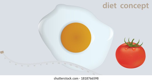 Fried eggs, tomato, measuring tape - vector. Diet concept. Intermittent fasting