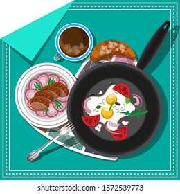 Fried eggs with tomato slices, onions and herbs in a non-stick pan. Nearby is plate with meatballs, a fork and a cup of coffee with a croissant. Breakfast on a colorful napkin. Vector illustration