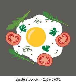 Huevos fritos con tomates y hierbas. El desayuno incluye huevos revueltos con verduras.