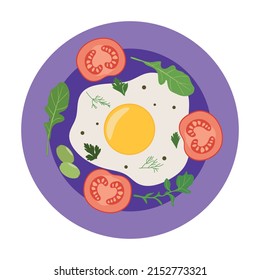 Huevos fritos con tomates y hierbas. El desayuno incluye huevos revueltos con verduras. Vector