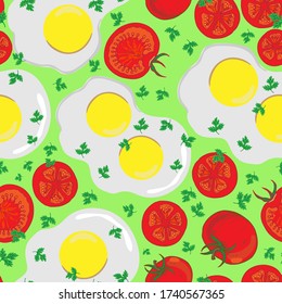 Fried eggs, tomatoes and parsley on a light background vector seamless pattern for decoration, packaging, textile.