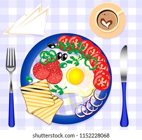 fried eggs with tomatoes, toast and a cup of coffee
