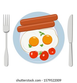 Fried eggs from two eggs with tomatoes, sausages, herbs on a plate on a big background. Isolated windy color stock image on a white background. The concept of a healthy breakfaste
