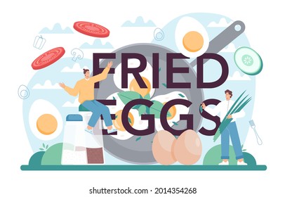 Fried eggs typographic header. Scrambled, fried, poached eggs, omelette with vegetables and bacon for breakfast. Delicious food in the morning. Flat vector illustration