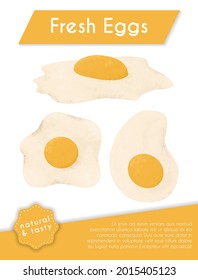 Fried eggs vector hand drawn poster concept. Healthy organic food. Cooked tasty chicken eggs. Yellow yolks and egg whites for restaurant or grocery store banner design.