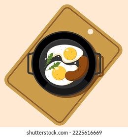 
Fried eggs vector image. Fried eggs in a pan with sausage and herbs.