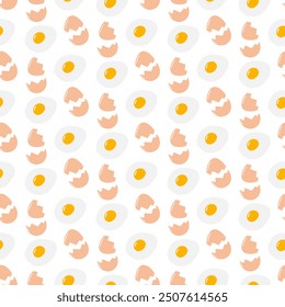 Fried eggs with yolk and Cracked eggshell Seamless pattern Isolated. Egg Day culinary background 