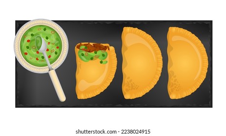 Fried empanadas with avocado sauce served on black flat plate. Top view. Latin American food. Colorful vector illustration isolated on white background.