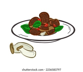 Fried eringi mushrooms in miso sauce. Grilled slices of king oyster mushrooms. Flat and doodle vector illustration