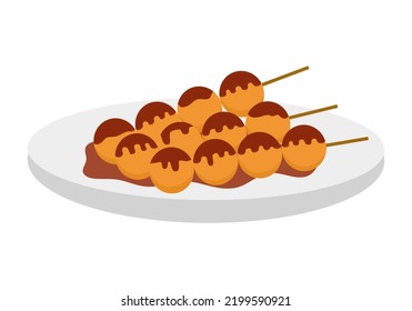 Fried fish balls street food on plate in flat design on white background.