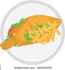 Fried fish and Chips on Plate Concept, Fries and Salmon Vector Icon Design, National Dish of  United Kingdom or Britain Sign,Traditional cuisine Symbol, Gourmet food cooking and restaurant menu item