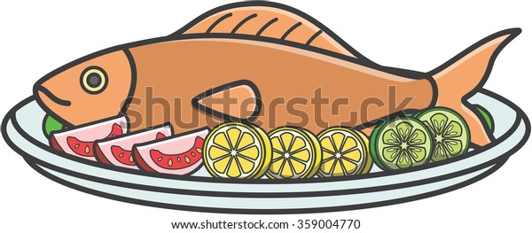 Fried Fish Cute Doodle Illustration Design Stock Vector 