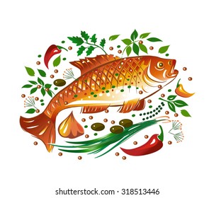 Fried fish, herbs, spices and vegetables. Vector illustration.