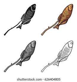 Fried fish icon in cartoon style isolated on white background. Fishing symbol stock vector illustration.