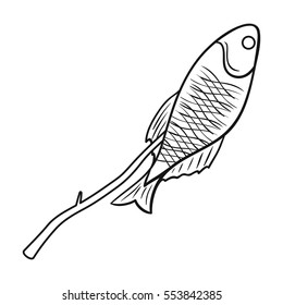 Fried fish icon in outline style isolated on white background. Fishing symbol stock vector illustration.