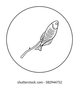 Fried fish icon in outline style isolated on white background. Fishing symbol stock vector illustration.
