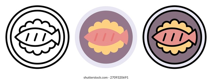 Fried Fish Icon Set in Outline, Colour and Flat Style