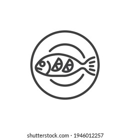 Fried fish with lemon line icon. linear style sign for mobile concept and web design. Fish on plate top view outline vector icon. Symbol, logo illustration. Vector graphics