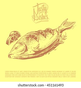 Fried fish lemon, olive, sauce sketch vector illustration